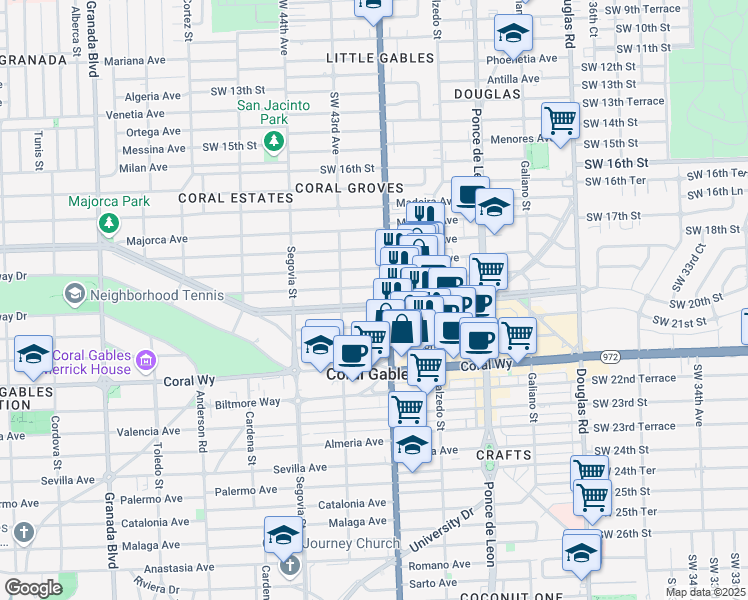 map of restaurants, bars, coffee shops, grocery stores, and more near 415 Alhambra Circle in Coral Gables