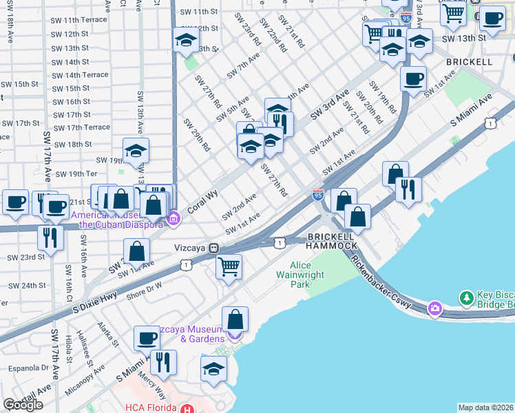 map of restaurants, bars, coffee shops, grocery stores, and more near 126 Southwest 29th Road in Miami