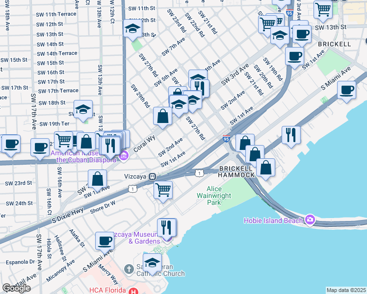 map of restaurants, bars, coffee shops, grocery stores, and more near 126 Southwest 29th Road in Miami