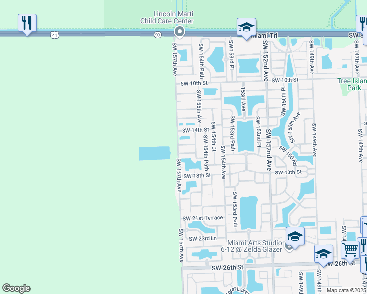 map of restaurants, bars, coffee shops, grocery stores, and more near 15638 Southwest 15th Terrace in Miami