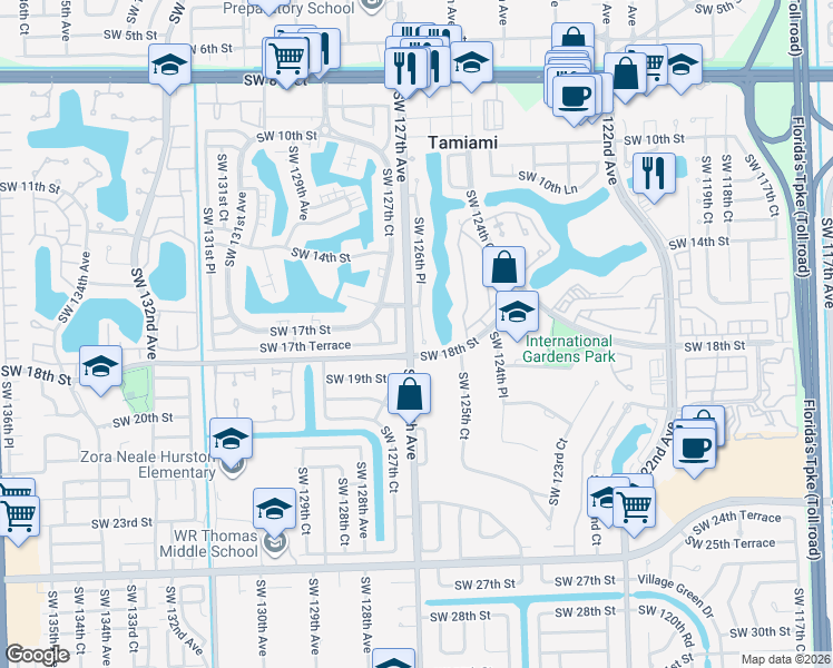 map of restaurants, bars, coffee shops, grocery stores, and more near 1700 Southwest 126th Place in Miami