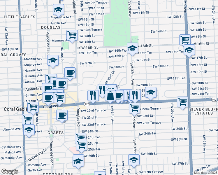 map of restaurants, bars, coffee shops, grocery stores, and more near 3325 Southwest 20th Street in Miami