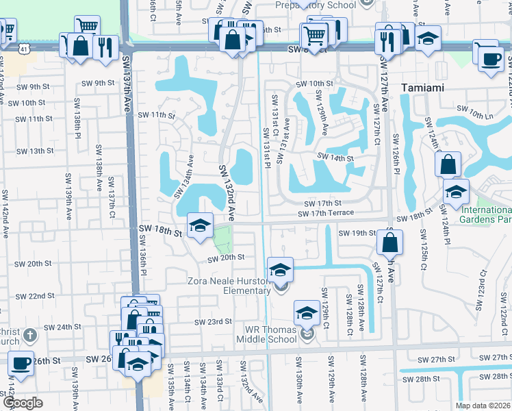 map of restaurants, bars, coffee shops, grocery stores, and more near 1672 Southwest 131st Place Circle East in Miami