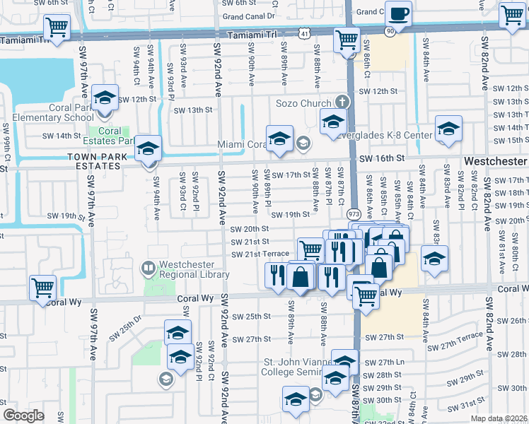 map of restaurants, bars, coffee shops, grocery stores, and more near 1830 Southwest 89th Place in Miami