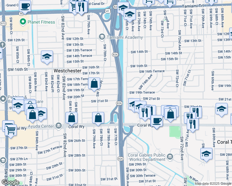 map of restaurants, bars, coffee shops, grocery stores, and more near 7701 Southwest 20th Street in Miami