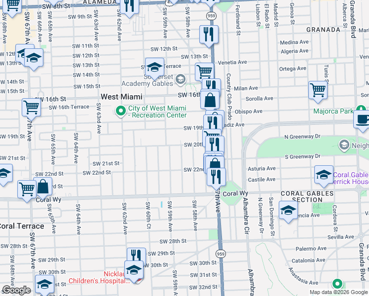 map of restaurants, bars, coffee shops, grocery stores, and more near 2004 Southwest 58th Court in Miami