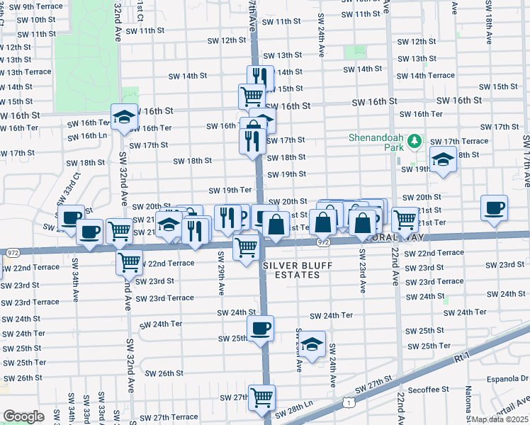 map of restaurants, bars, coffee shops, grocery stores, and more near 2075 Southwest 27th Avenue in Miami