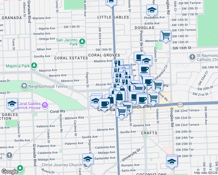 map of restaurants, bars, coffee shops, grocery stores, and more near 415 Alhambra Circle in Coral Gables