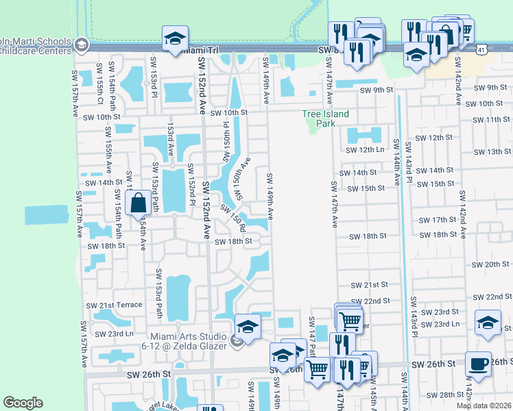 map of restaurants, bars, coffee shops, grocery stores, and more near 14972 Southwest 15th Lane in Miami