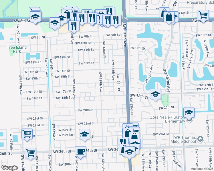 map of restaurants, bars, coffee shops, grocery stores, and more near 1634 Southwest 138th Place in Miami