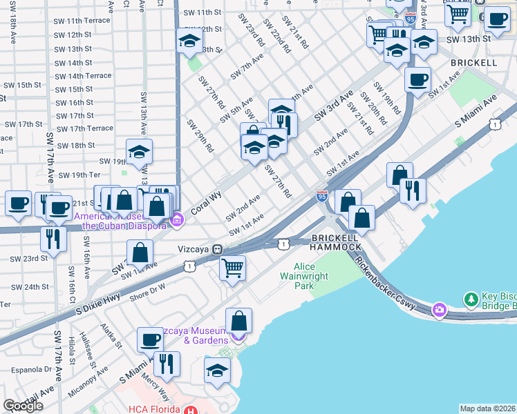 map of restaurants, bars, coffee shops, grocery stores, and more near 126 Southwest 29th Road in Miami