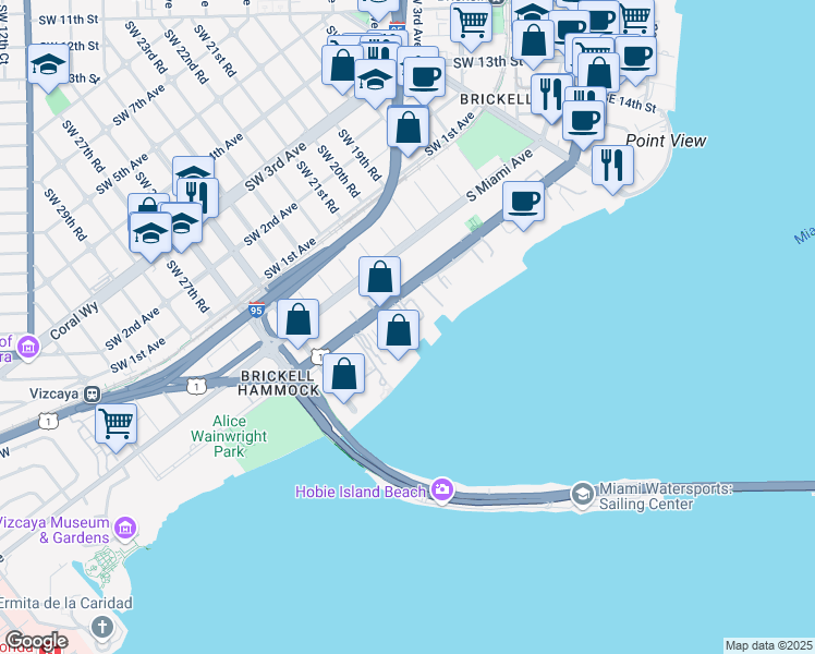 map of restaurants, bars, coffee shops, grocery stores, and more near 2101 Brickell Avenue in Miami