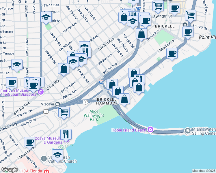 map of restaurants, bars, coffee shops, grocery stores, and more near in Miami