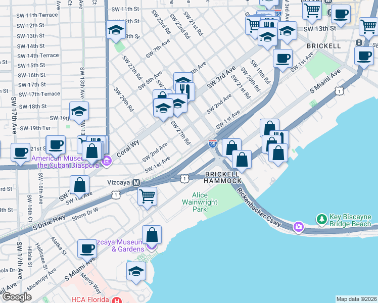 map of restaurants, bars, coffee shops, grocery stores, and more near 84 Southwest 28th Road in Miami