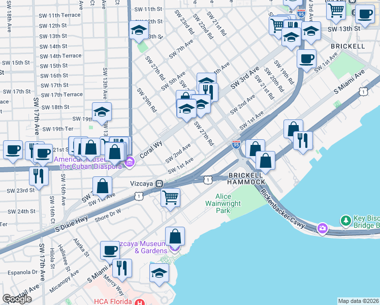 map of restaurants, bars, coffee shops, grocery stores, and more near 126 Southwest 29th Road in Miami