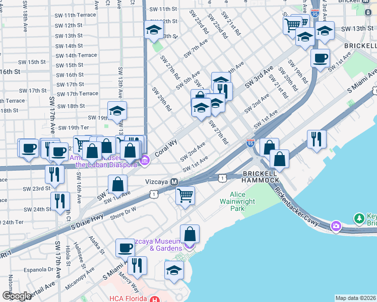 map of restaurants, bars, coffee shops, grocery stores, and more near 200 Southwest 30th Road in Miami