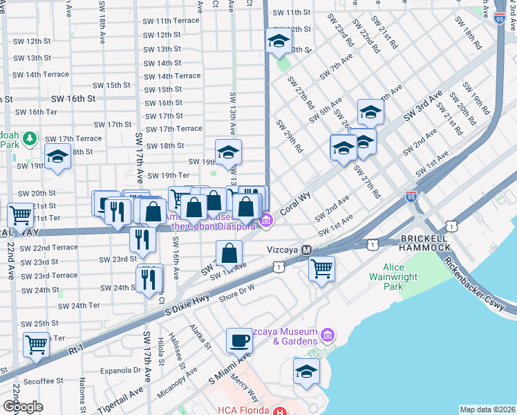 map of restaurants, bars, coffee shops, grocery stores, and more near 1257 Southwest 21st Terrace in Miami