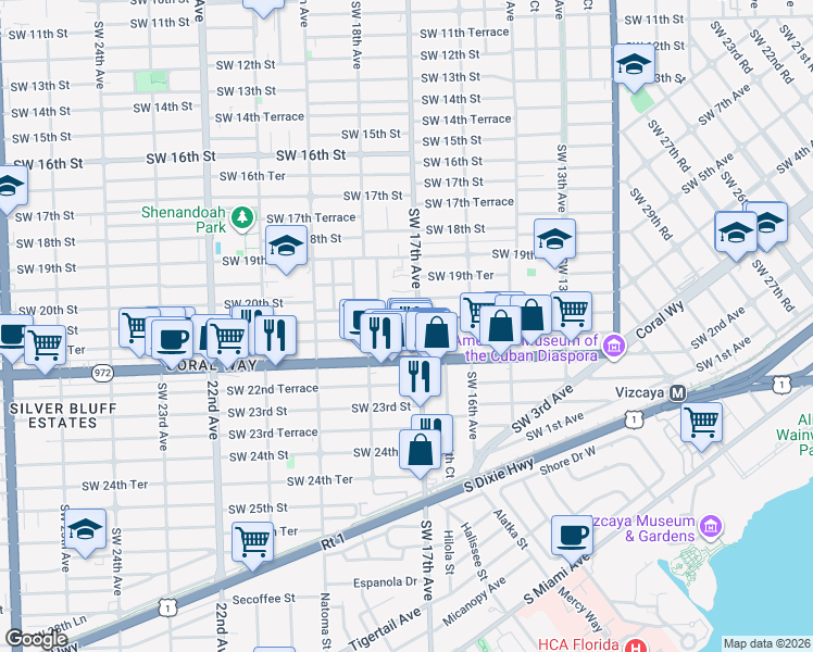 map of restaurants, bars, coffee shops, grocery stores, and more near 1738 Southwest 21st Street in Miami