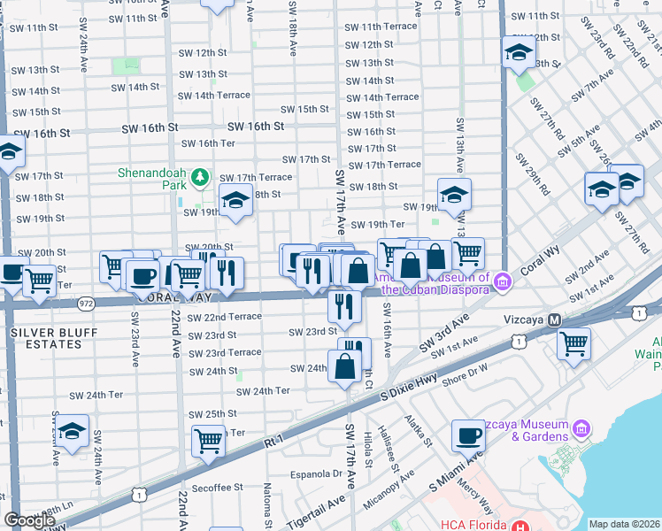 map of restaurants, bars, coffee shops, grocery stores, and more near 1738 Southwest 21st Street in Miami