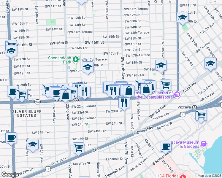 map of restaurants, bars, coffee shops, grocery stores, and more near 1814 Southwest 21st Street in Miami