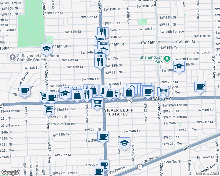 map of restaurants, bars, coffee shops, grocery stores, and more near 2075 Southwest 27th Avenue in Miami
