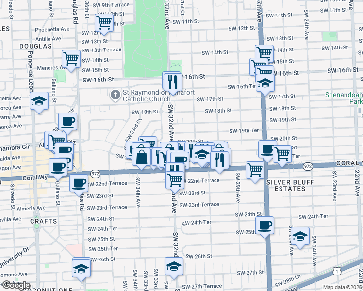 map of restaurants, bars, coffee shops, grocery stores, and more near 3150 Southwest 20th Street in Miami
