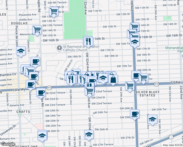 map of restaurants, bars, coffee shops, grocery stores, and more near 3150 Southwest 20th Street in Miami