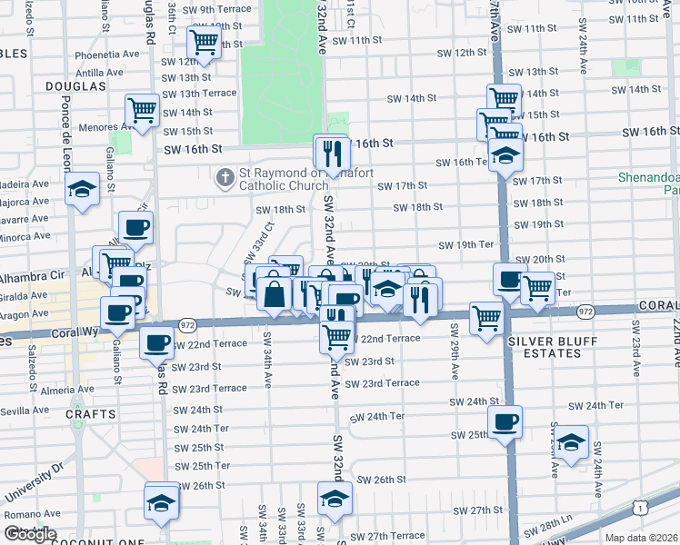 map of restaurants, bars, coffee shops, grocery stores, and more near 3150 Southwest 20th Street in Miami
