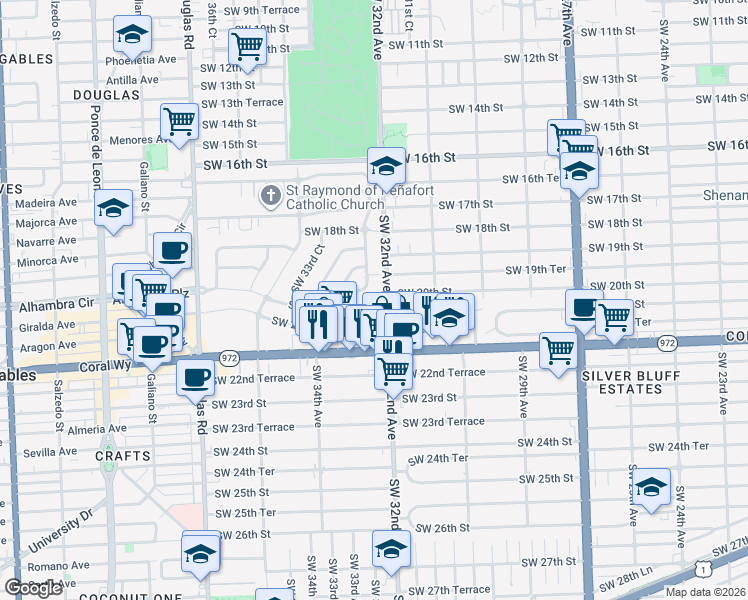 map of restaurants, bars, coffee shops, grocery stores, and more near 3211 Southwest 21st Street in Miami