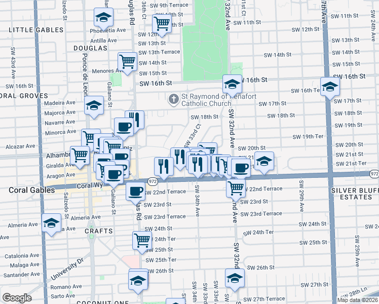 map of restaurants, bars, coffee shops, grocery stores, and more near 3325 Southwest 20th Street in Miami