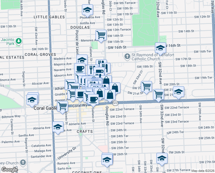 map of restaurants, bars, coffee shops, grocery stores, and more near 2001 Southwest 37th Avenue in Miami