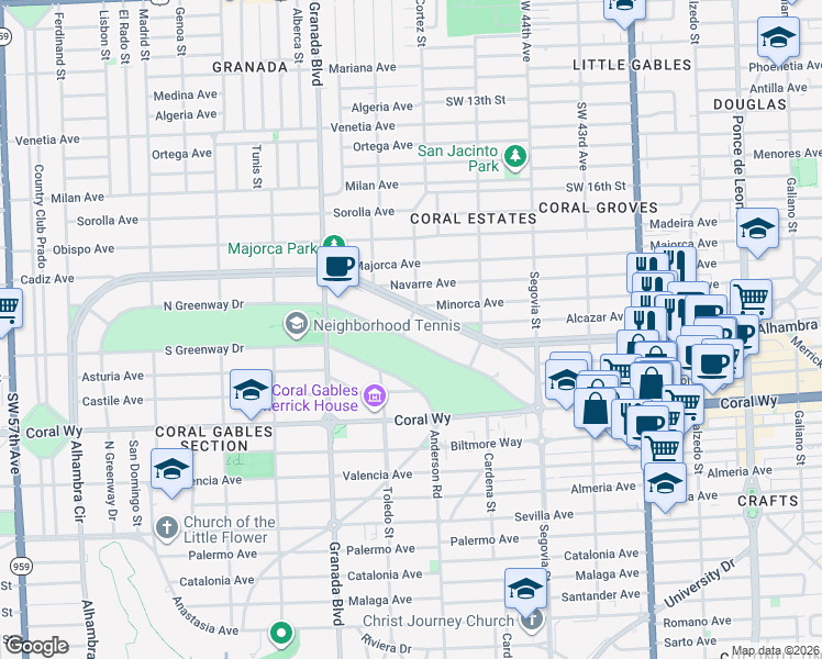 map of restaurants, bars, coffee shops, grocery stores, and more near 811 North Greenway Drive in Coral Gables
