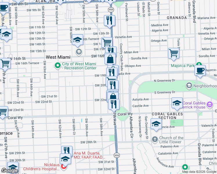 map of restaurants, bars, coffee shops, grocery stores, and more near 2022 Red Road in Miami