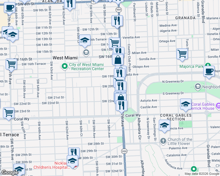 map of restaurants, bars, coffee shops, grocery stores, and more near 5784 Southwest 20th Street in Miami