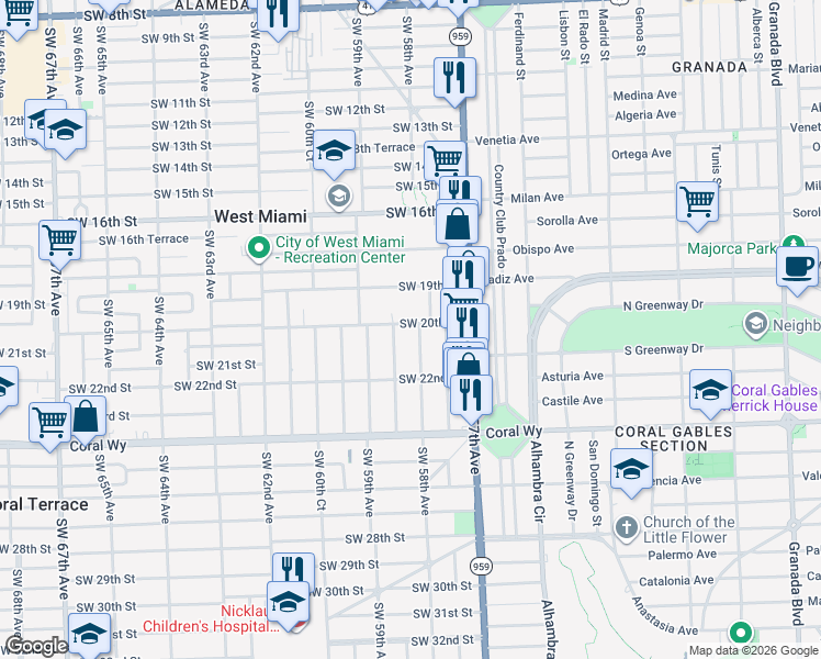 map of restaurants, bars, coffee shops, grocery stores, and more near 2004 Southwest 58th Court in Miami