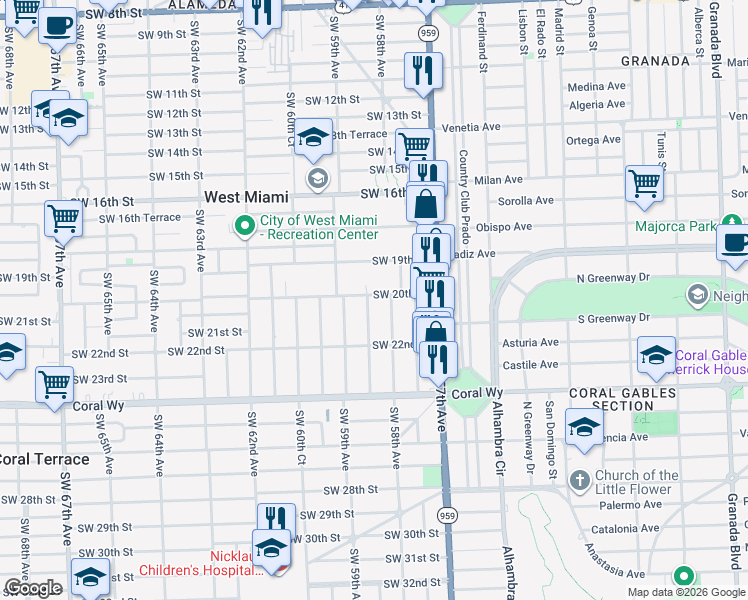 map of restaurants, bars, coffee shops, grocery stores, and more near 2004 Southwest 58th Court in Miami