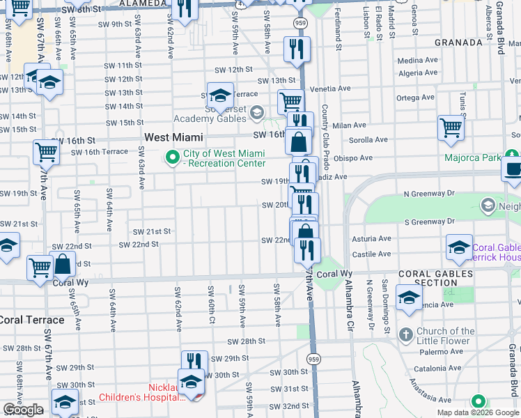 map of restaurants, bars, coffee shops, grocery stores, and more near 2004 Southwest 58th Court in Miami