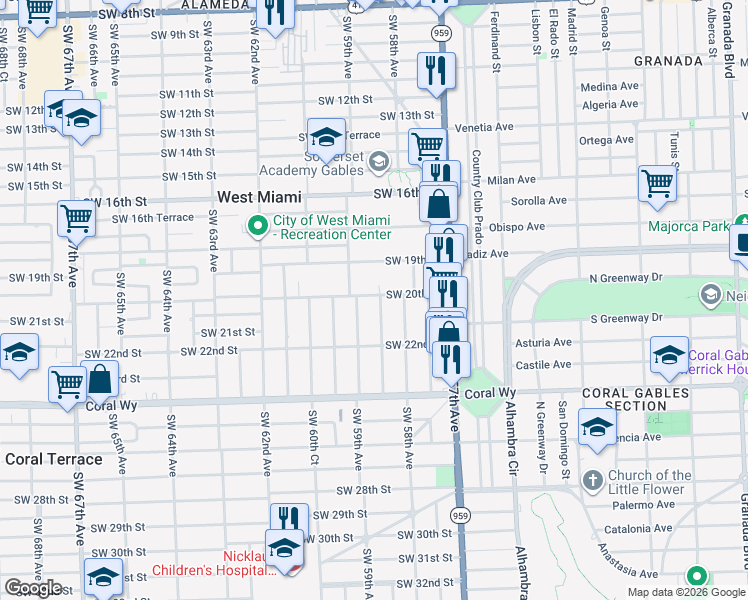 map of restaurants, bars, coffee shops, grocery stores, and more near 2004 Southwest 58th Court in Miami