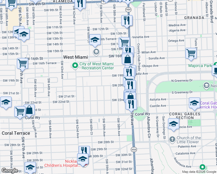 map of restaurants, bars, coffee shops, grocery stores, and more near 2004 Southwest 58th Court in Miami