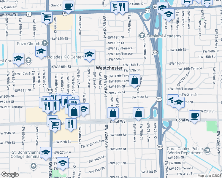 map of restaurants, bars, coffee shops, grocery stores, and more near 8020 Southwest 19th Street in Miami