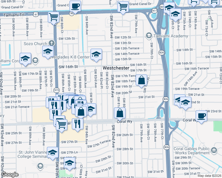 map of restaurants, bars, coffee shops, grocery stores, and more near 1920 Southwest 82nd Avenue in Miami