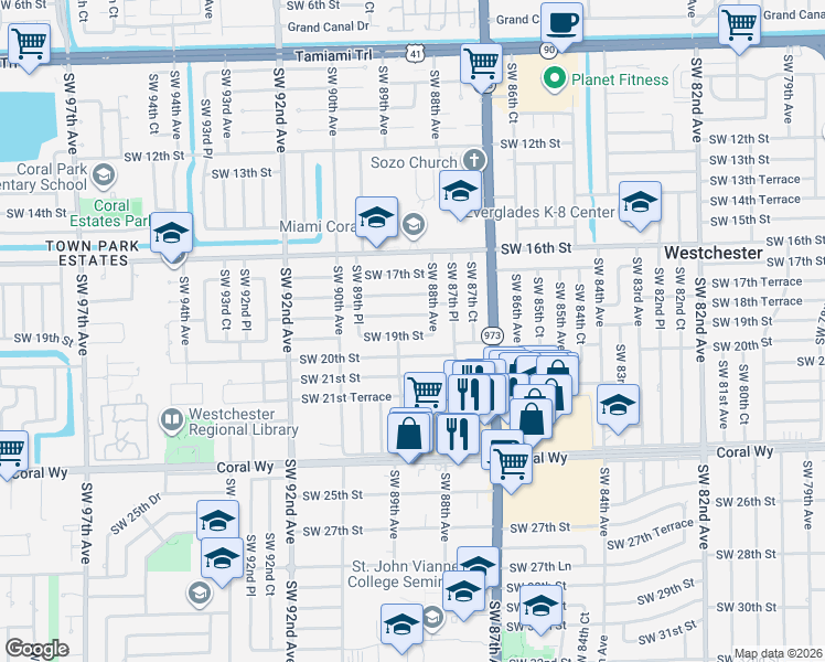 map of restaurants, bars, coffee shops, grocery stores, and more near 8815 Southwest 19th Street in Miami