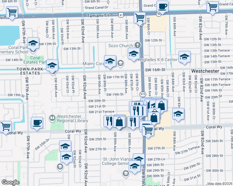 map of restaurants, bars, coffee shops, grocery stores, and more near 8901 Southwest 19th Street in Miami