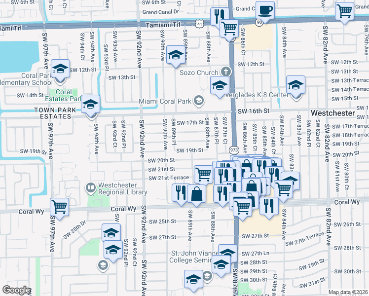 map of restaurants, bars, coffee shops, grocery stores, and more near 8901 Southwest 19th Street in Miami