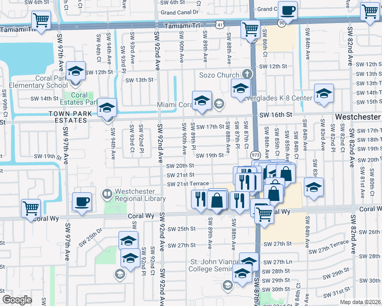 map of restaurants, bars, coffee shops, grocery stores, and more near 8940-8950 Southwest 19th Street in Miami