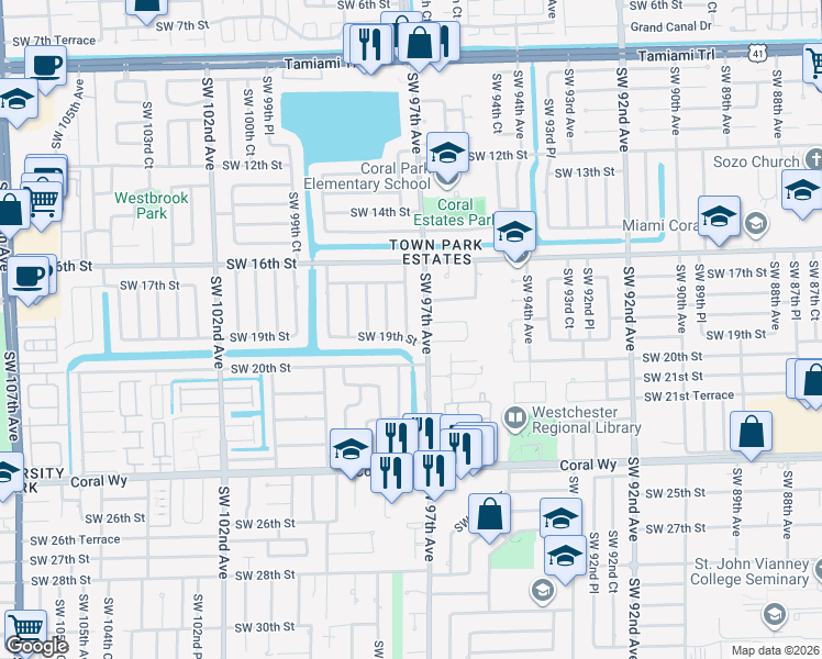 map of restaurants, bars, coffee shops, grocery stores, and more near 1820 Southwest 97th Avenue in Miami