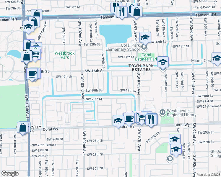 map of restaurants, bars, coffee shops, grocery stores, and more near 1821 Southwest 99th Court in Miami