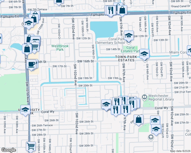 map of restaurants, bars, coffee shops, grocery stores, and more near 1821 SW 99th Ct in Miami