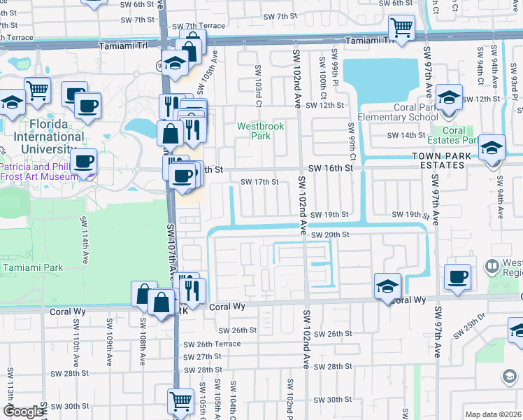 map of restaurants, bars, coffee shops, grocery stores, and more near 1820 Southwest 103rd Avenue in Miami