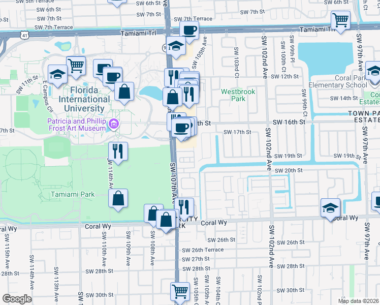 map of restaurants, bars, coffee shops, grocery stores, and more near 1805 Southwest 107th Avenue in Miami